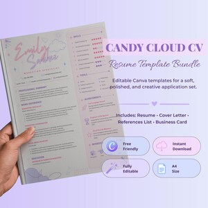 Candy Cloud A4 Canva résumé bundle with a pastel CV, matching cover letter, references sheet and 85 × 55 mm business card.