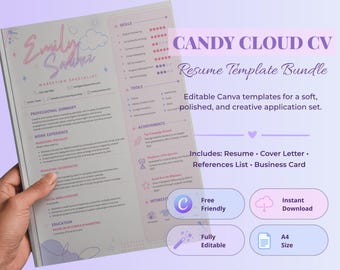 Candy Cloud A4 Resume Bundle, Pastel Canva CV Template, 1 Page Resume, Cover Letter, References & 85 x 55 mm Business Card