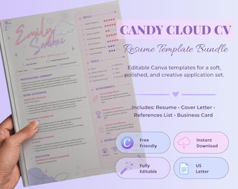 Candy Cloud US Letter Resume Bundle, Pastel Canva CV Template, 1 Page Resume, Cover Letter, References & 3.5 x 2 Business Card