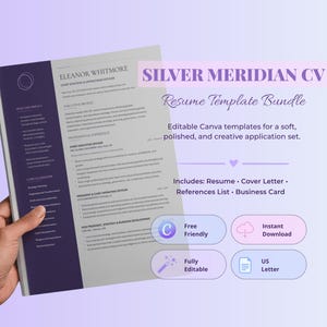 Silver Meridian executive Canva resume bundle with a two-page résumé, matching cover letter, references sheet and business card.