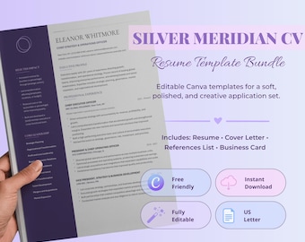 Silver Meridian Resume Bundle, Elegant Executive Canva CV Template, 2 Page Resume, Cover Letter, References & Business Card