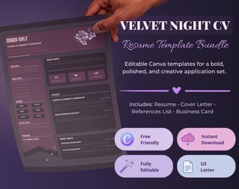 Velvet Night Resume Bundle, Dark Artistic Canva CV Template, 1 Page Resume, Cover Letter, References, Business Card & Print Version