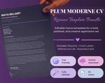 Plum Moderne Resume Bundle, Creative Canva CV Template, 2 Page Resume, Cover Letter, References, Business Card & Print Version