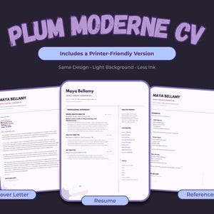 Original dark Plum Moderne resume beside its lighter printer-friendly resume version.