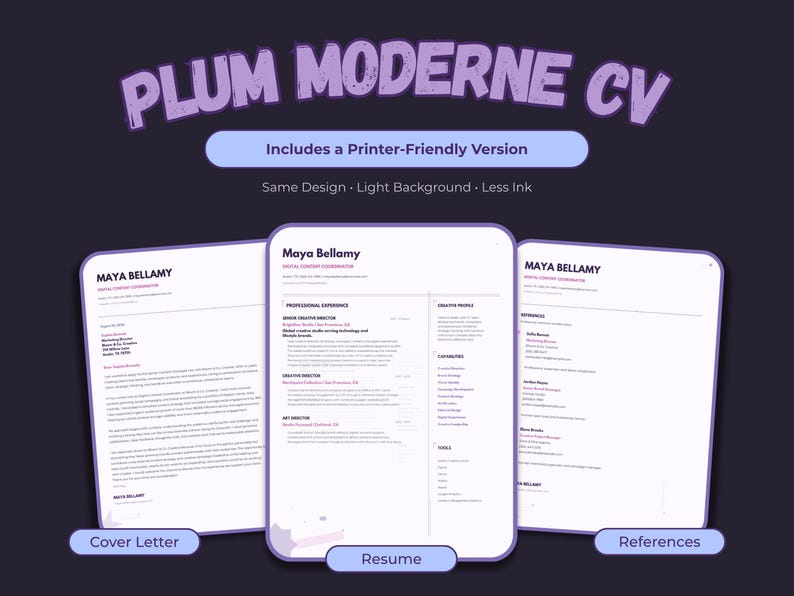 Original dark Plum Moderne resume beside its lighter printer-friendly resume version.