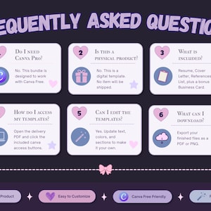 Frequently asked questions about Canva access, editable text, artistic backgrounds, digital delivery, printing and personal use.