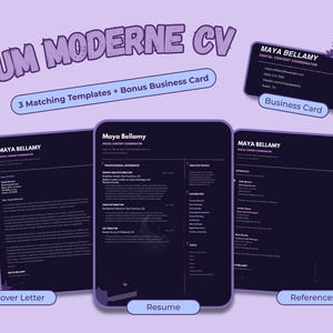 Two-page purple and cream resume template with bold retro typography and a structured professional layout.