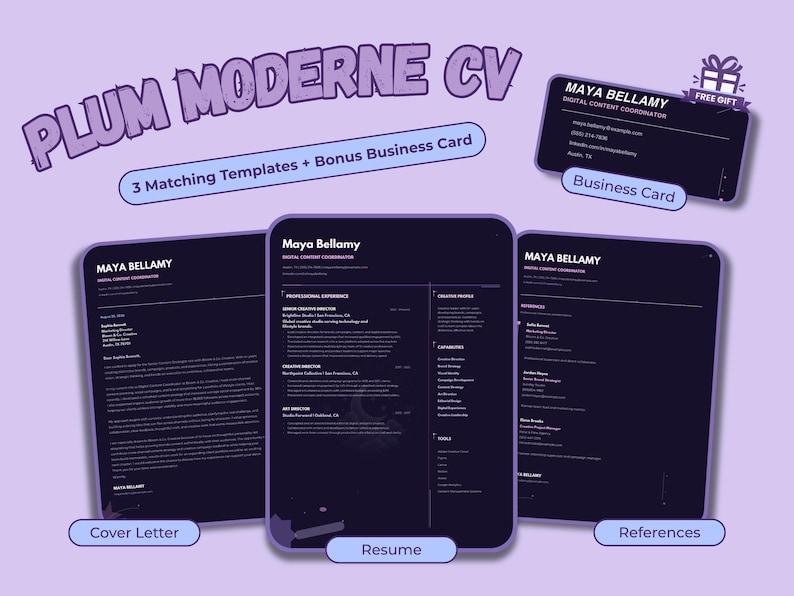 Two-page purple and cream resume template with bold retro typography and a structured professional layout.
