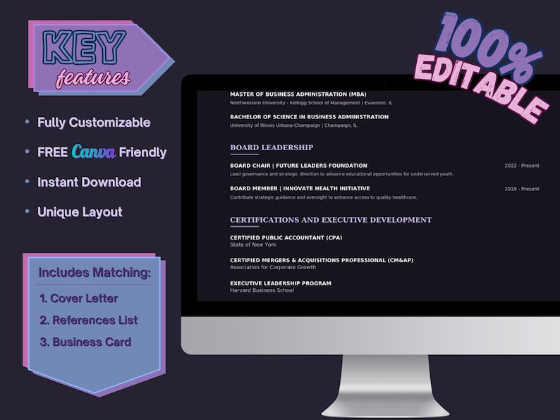 Obsidian Crest key-features graphic highlighting editable Canva templates, executive formatting, coordinated documents and a printer-friendly option.