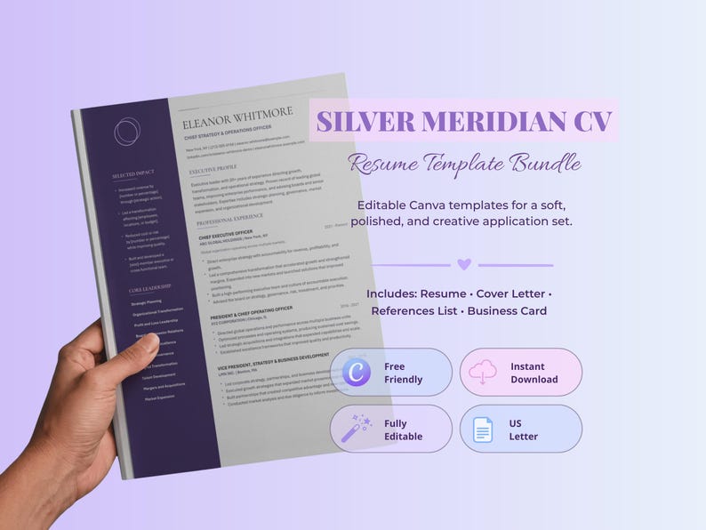 Silver Meridian executive Canva resume bundle with a two-page résumé, matching cover letter, references sheet and business card.
