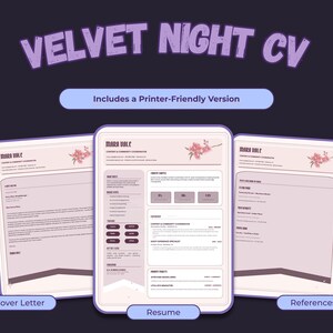 Velvet Night dark and printer-friendly template comparison showing the original richly illustrated purple design beside the lighter, ink-conscious résumé version.
