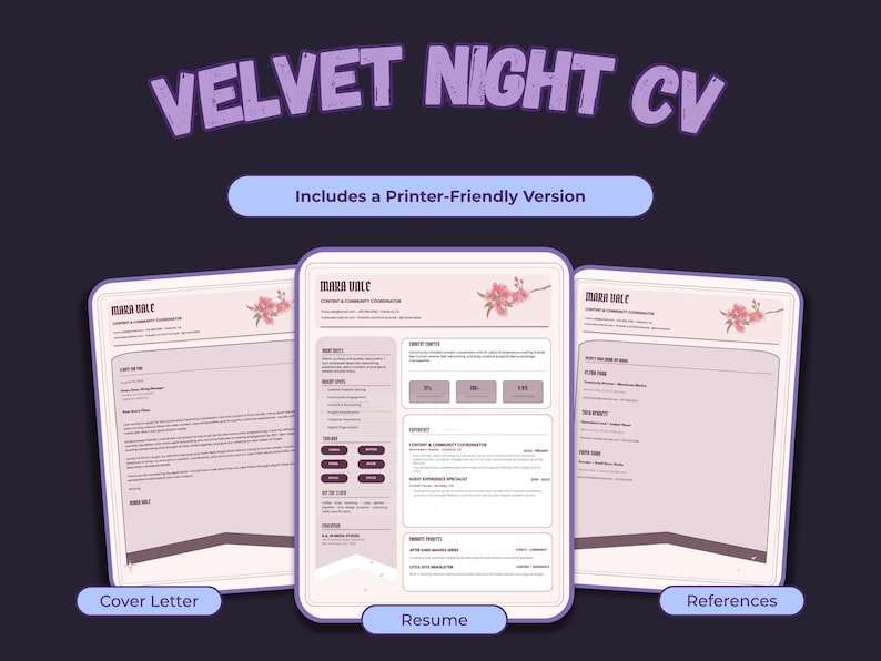 Velvet Night dark and printer-friendly template comparison showing the original richly illustrated purple design beside the lighter, ink-conscious résumé version.