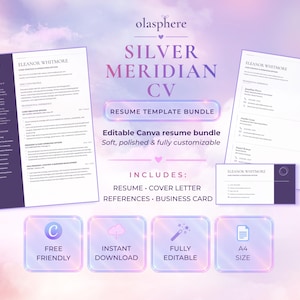 May include: A Silver Meridian CV resume template bundle featuring a resume, cover letter, references, and business card. The documents are white with dark purple accents and text. The set includes editable Canva files for instant download.