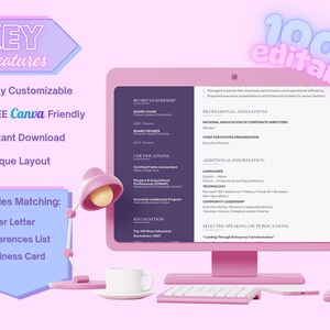 Silver Meridian key-features graphic highlighting editable Canva templates, a two-column layout, coordinated documents and US Letter sizing.
