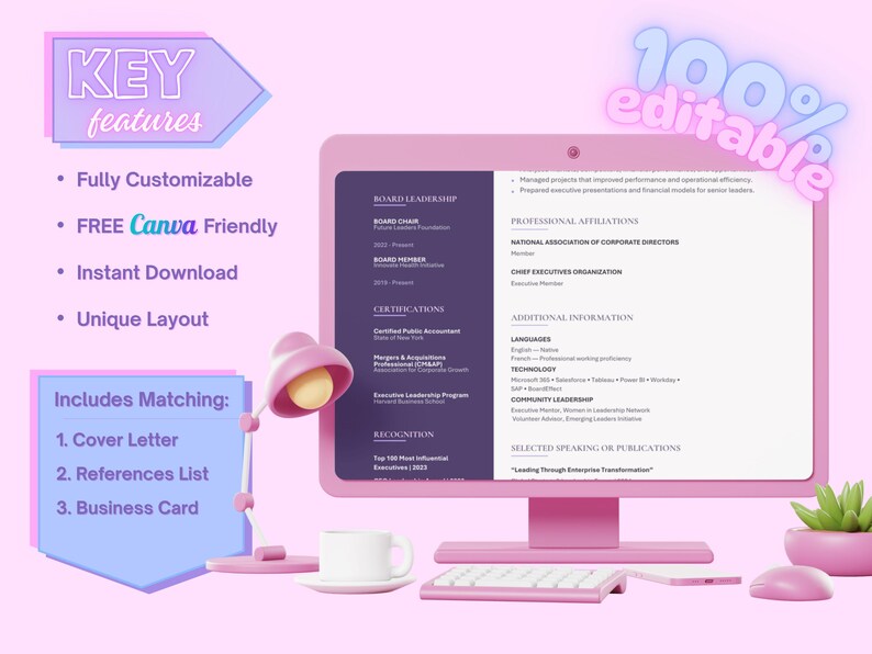Silver Meridian key-features graphic highlighting editable Canva templates, a two-column layout, coordinated documents and US Letter sizing.