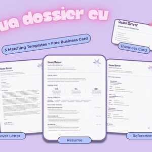 Complete Nova Dossier template set displaying the two-page resume, matching cover letter, references sheet and business card.