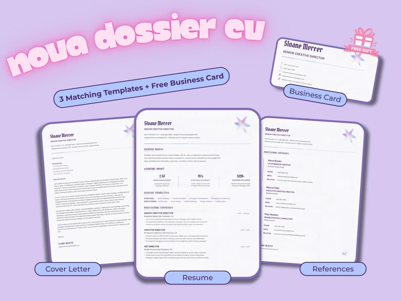 Complete Nova Dossier template set displaying the two-page resume, matching cover letter, references sheet and business card.