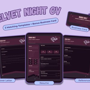 Complete Velvet Night set displaying the dark résumé, cover letter, references sheet, printer-friendly versions and two-sided business card.