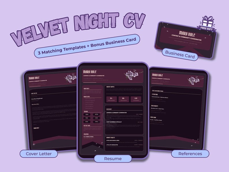 Complete Velvet Night set displaying the dark résumé, cover letter, references sheet, printer-friendly versions and two-sided business card.