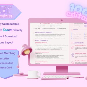 Candy Cloud key-features graphic highlighting editable Canva templates, coordinated pastel documents, A4 sizing and an international-size business card.
