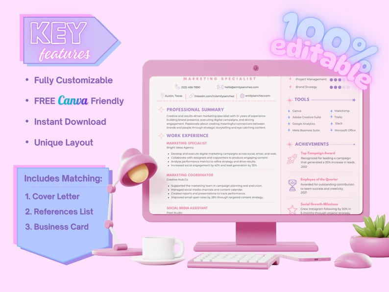 Candy Cloud key-features graphic highlighting editable Canva templates, coordinated pastel documents, A4 sizing and an international-size business card.