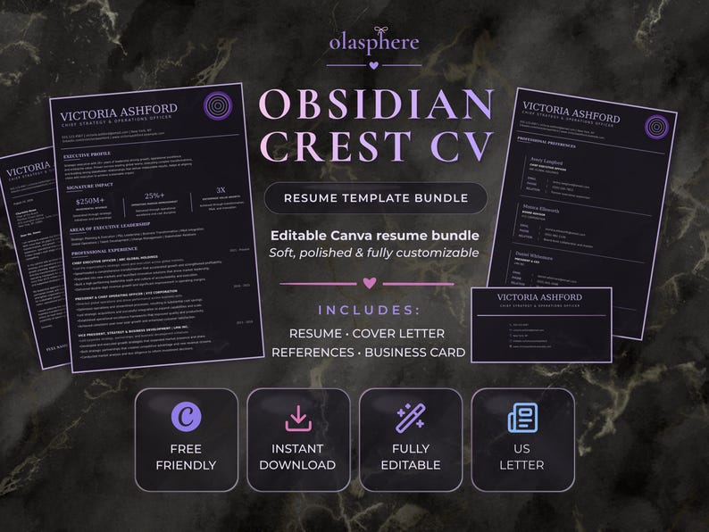 Obsidian Crest executive Canva resume bundle