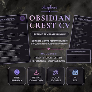 May include: An editable resume template bundle titled Obsidian Crest CV, featuring a dark theme with purple accents. The set includes a resume, cover letter, references, and business card. Text includes Victoria Ashford, Chief Strategy & Operations Officer, and icons for free friendly, instant download, fully editable, and A4 size.