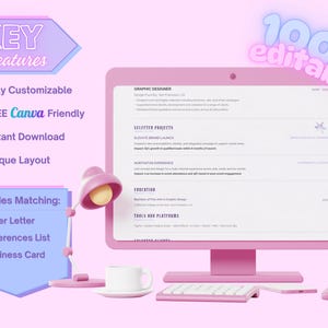 Nova Dossier key-features graphic showing an editable Canva resume on a desktop computer with customizable text, colors and design elements.