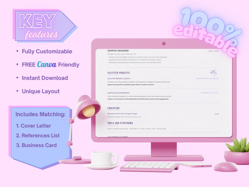 Nova Dossier key-features graphic showing an editable Canva resume on a desktop computer with customizable text, colors and design elements.