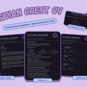 Complete Obsidian Crest template set with a two-page résumé, cover letter, references sheet, printer-friendly versions and business card.