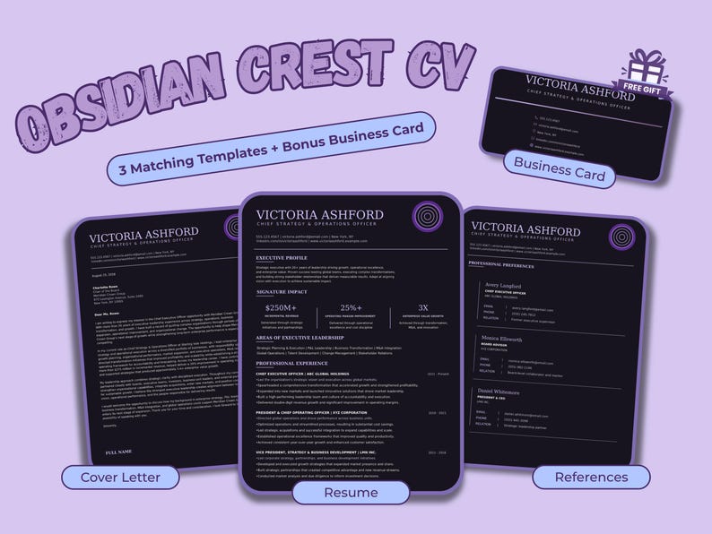 Complete Obsidian Crest template set with a two-page résumé, cover letter, references sheet, printer-friendly versions and business card.