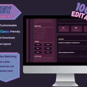 Velvet Night key-features graphic highlighting editable Canva text, artistic backgrounds, coordinated templates and a lighter print option.