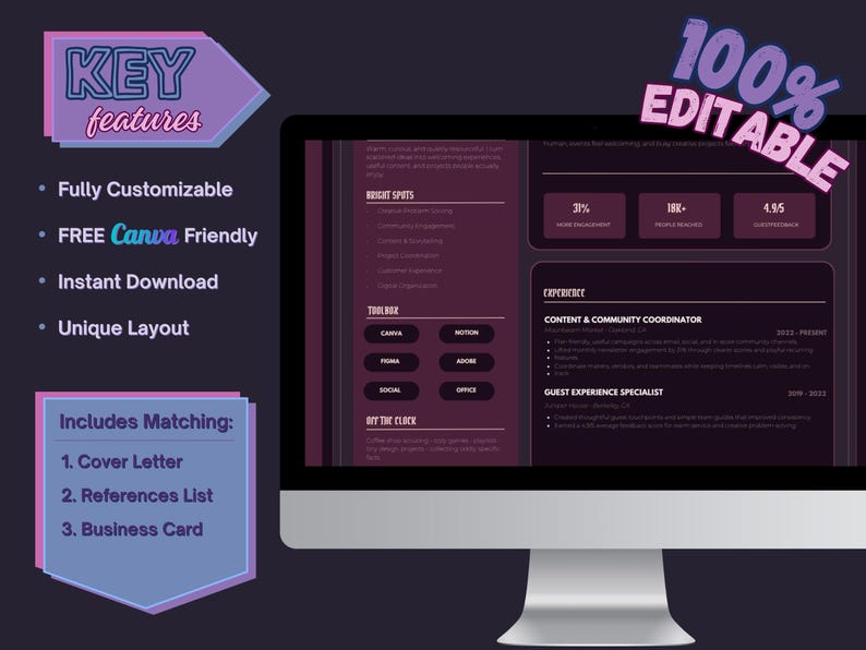Velvet Night key-features graphic highlighting editable Canva text, artistic backgrounds, coordinated templates and a lighter print option.
