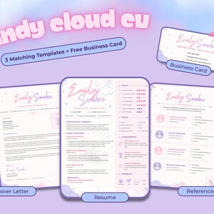 Complete Candy Cloud A4 template set displaying the pastel résumé, matching cover letter, professional references sheet and front-and-back business card.