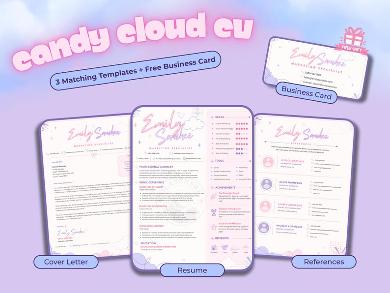 Complete Candy Cloud A4 template set displaying the pastel résumé, matching cover letter, professional references sheet and front-and-back business card.