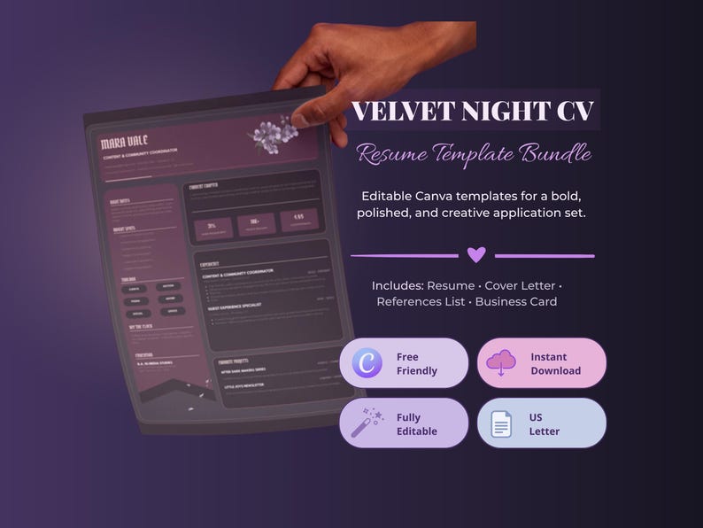 Velvet Night dark artistic Canva résumé bundle with a one-page CV, cover letter, references sheet and vertical business card.