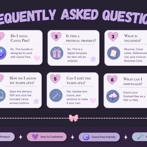 Frequently asked questions about Canva access, ATS-focused formatting, customization, digital delivery, printing and personal use.