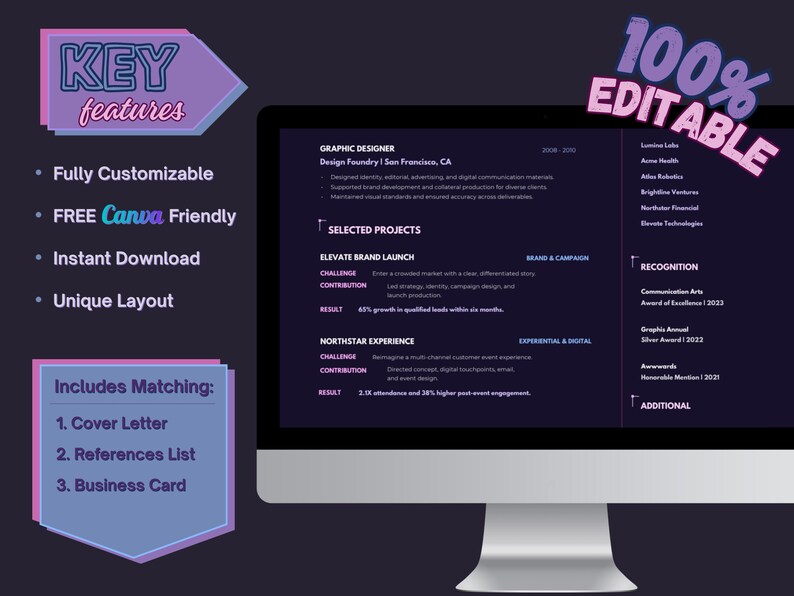 Product details for an editable US Letter resume bundle and standard 3.5-by-2-inch business card.