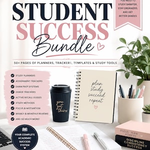 Puede incluir: Un paquete de éxito estudiantil que incluye una taza negra acanalada con el texto you got this, un cuaderno de espiral con el texto plan study succeed repeat, un portalápices con bolígrafos y dos libros apilados con las etiquetas focus plan achieve y discipline consistency success.
