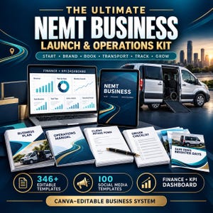 Pode incluir: O kit de lançamento e operações de negócios NEMT inclui um laptop com painel financeiro, um tablet e documentos impressos intitulados Business Plan, Operations Manual, Client Intake Form e Driver Checklist com uma caneta.
