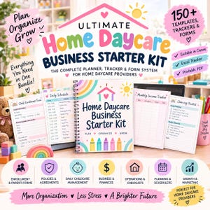 Könnte beinhalten: Ein spiralgebundener Home Daycare Business Starter Kit Planer, umgeben von verschiedenen gedruckten Formularen wie Anmeldeformularen, Tagesplänen, Einnahmenübersichten und Reinigungschecklisten, alle mit bunten Grafiken und Texten versehen.