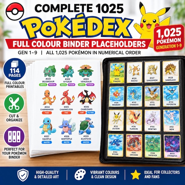 Pokémon Pokédex Binder Placeholder Cards | Complete 1025 Pokémon Gen 1-9 | TCG Binder Filler Cards | Full Pokédex Collection | UNCUT
