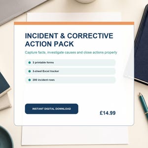 Puede incluir: Un documento digital titulado Incident & Corrective Action Pack con texto azul oscuro sobre fondo blanco. Enumera tres formularios imprimibles, un rastreador de Excel de 3 hojas y 200 filas de incidentes. Un botón azul oscuro dice Instant Digital Download.