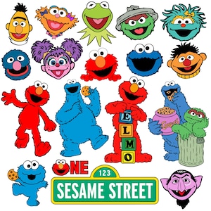 May include: A collection of Sesame Street character illustrations including Bert, Ernie, Elmo, Cookie Monster, Big Bird, Oscar the Grouch, Abby Cadabby, and Count von Count, featuring a Sesame Street sign with the text 123 SESAME STREET and ONE.