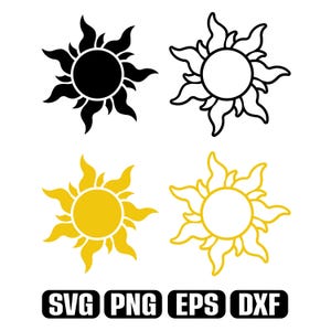 Può includere: Quattro icone di sole disposte in una griglia. In alto a sinistra un sole nero pieno, in alto a destra un contorno di sole nero, in basso a sinistra un sole giallo pieno e in basso a destra un contorno di sole giallo. Testo SVG, PNG, EPS, DXF.