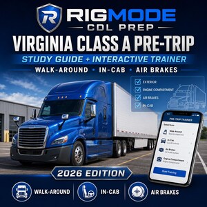 Puede incluir: Una guía de estudio digital titulada RIGMODE CDL PREP VIRGINIA CLASS A PRE-TRIP 2026 EDITION con un camión azul y un teléfono inteligente que muestra una aplicación de entrenamiento interactiva para inspecciones y frenos.