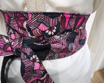 Ceinture obi style ceinture kimono - réversible - fond noir et motifs rose indien....