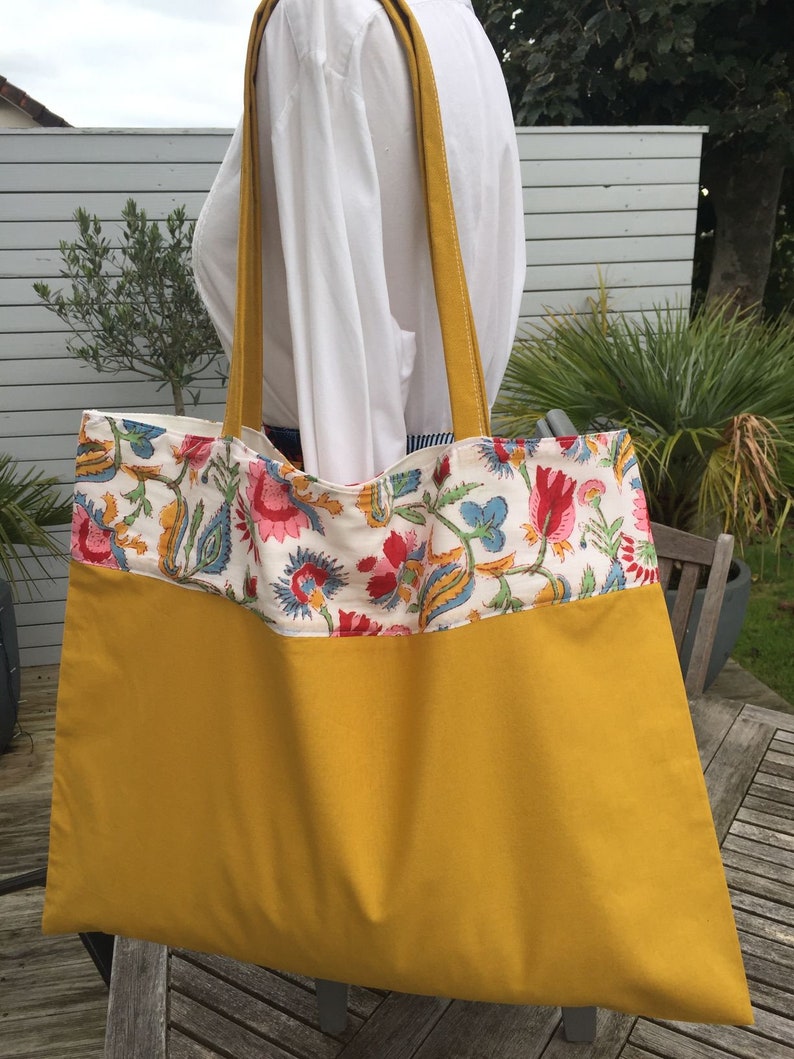 and Indian fabric block print strip unique style manual printing Mustard tote-bag