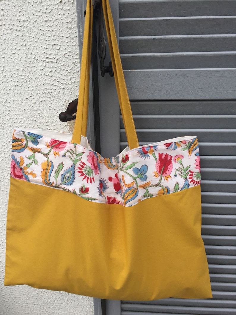 and Indian fabric block print strip unique style manual printing Mustard tote-bag