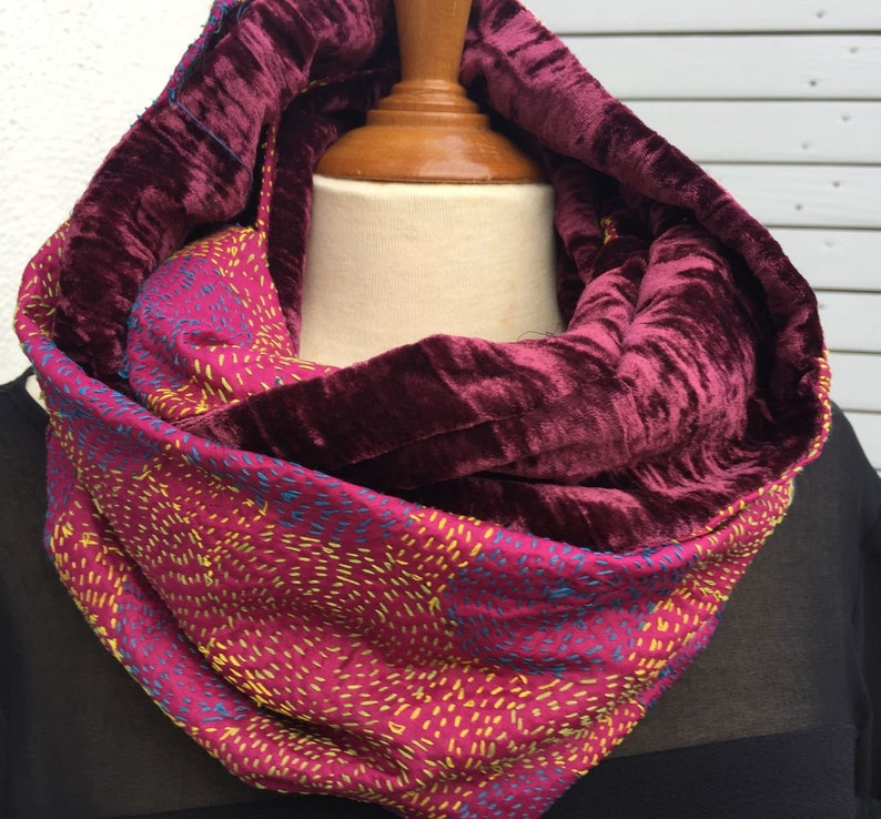 or collar embroidered silk and silk velvet 2 different faces Snood neck tubular scarf UNIQUE TO SEE! circular scarf